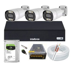 Kit Cftv 3 Cameras Segurança Full Color 1080p 2mp Dvr Intelbras 1tb