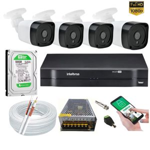 Kit 4 Câmeras Segurança Residencial Full Hd 1080p 2MP Bullet 20m  Dvr Intelbras 4 canais+hd 500gb