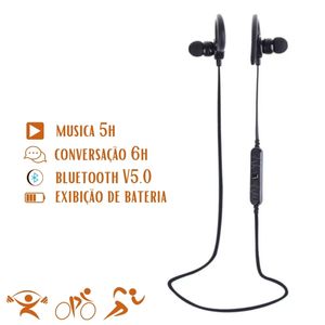 Fone de Ouvido Bluetooth Esportivo com Gancho para Corrida e Treinos Preto
