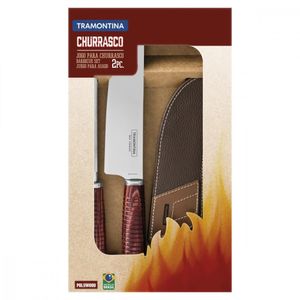 Jogo para Churrasco Tramontina em Aço Inox e Cabo Vermelho Polywood com Bainha de Couro 2 Peças