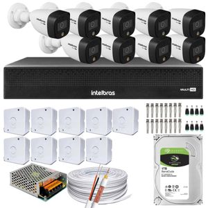 Kit 09 Cameras 1220 Full Color Intelbras Dvr Mhdx 16 Ch Color Noite 1TB