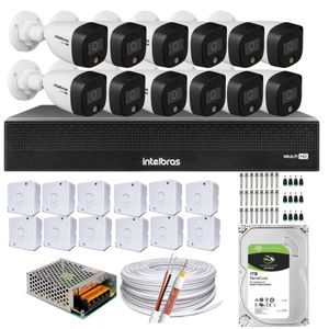 Kit 12 Cameras 1220 Full Color Intelbras Dvr Mhdx 16 Ch Color Noite 1TB