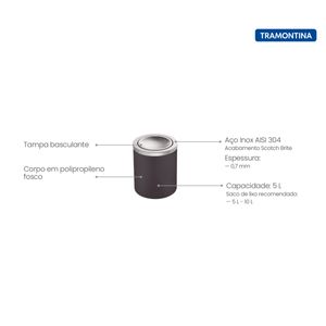 Lixeira Tramontina Útil Basculante em Aço Inox com Acabamento Scotch Brite e Corpo em Polipropileno Preto 5 L