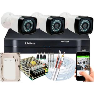 Kit Cftv 3 Cameras Segurança Hd Dvr Intelbras 4ch Full HD c/ hd