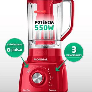 Liquidificador Turbo Power 2,2 Litros Com Filtro Mondial Vermelho 220v