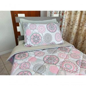 Edredom- Colcha- Cobre Leito Solteiro Em Malha Lisa E Malha Estampada Cor: Mandala Rosa - Smoke