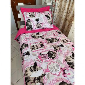 Edredom- Colcha- Cobre Leito Solteiro Em Malha Lisa E Malha Estampada Cor: Cachorrinho