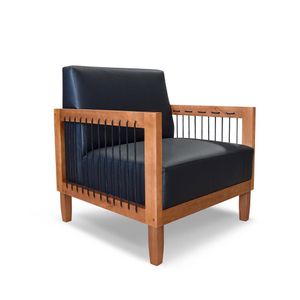 Poltrona Sala de Estar Pés Madeira Maciça Corda Náutica Preta 75cm Manila PU Preto G63 - Gran Belo