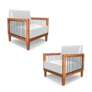 Kit 2 Poltronas Sala de Estar Pés Madeira Maciça Corda Náutica Preta 75cm Manila PU Branco G63 - Gran Belo