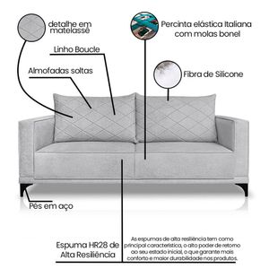 Sofá Living 2 Lugares com Pés de Ferro Almofadas Soltas 180cm Neso Bouclê Cinza G63 - Gran belo