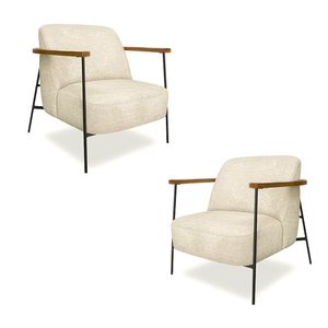 Kit 2 Poltronas Sala de Estar Pés em Ferro Preto Braço Madeira Maciça 86cm Thane Bouclê Bege G63 - Gran Belo