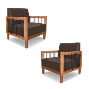 Kit 2 Poltronas Sala de Estar Pés Madeira Maciça Corda Náutica Preta 75cm Manila PU Marrom G63 - Gran Belo