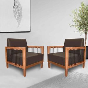 Kit 2 Poltronas Sala de Estar Pés Madeira Maciça Corda Náutica Preta 75cm Manila PU Marrom G63 - Gran Belo