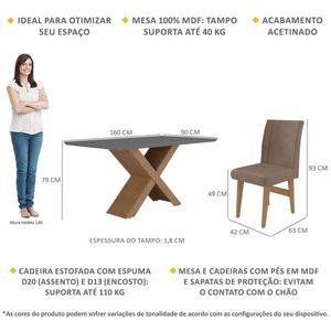 Conjunto Mesa de Jantar 160 cm com 6 cadeiras Lisboa Multimóveis EX1008 Madeirado/Grafite/Castor
