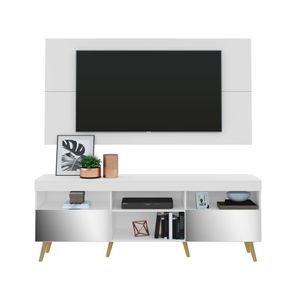 Rack Retrô c/ Espelho e Painel com Suporte para TV até 65" Multimóveis Flórida FG3142 Branco/Natural