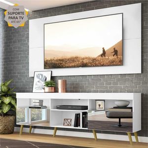 Rack Retrô c/ Espelho e Painel com Suporte para TV até 65" Multimóveis Flórida FG3142 Branco/Natural