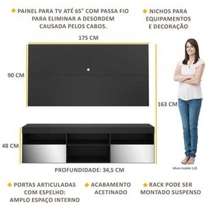 Rack Suspenso com Espelho e Painel para TV até 65" Multimóveis Flórida FG3322 Preto