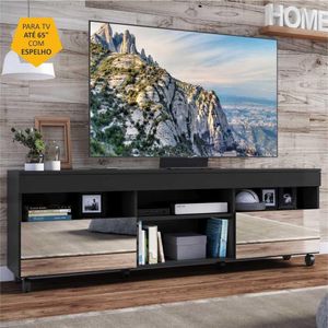 Rack com Rodízios e Espelho para TV até 65" Multimóveis Paris FG3330 com 2 Portas Preto