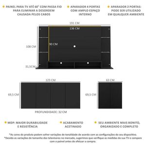 Conjunto Sala de Estar Painel TV 60" e 2 Aparadores Olívia Multimóveis Preto