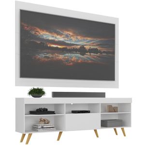 Rack Retrô com Painel e Suporte TV até 75" Web Multimóveis MP1047 Branco/Natural