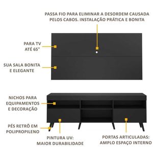Rack c/ Painel P/TV até 65" e Pés Retrô Flórida Multimóveis Preto