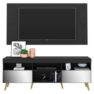 Rack c/ Painel e Suporte TV 65" c/ Espelho e Pés Retrô Flórida Multimóveis Preto/Natural