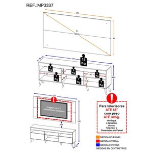 Rack com Painel TV 65" Londres Multimóveis Pés Retrô e 2 portas Preto/Branco/Preto