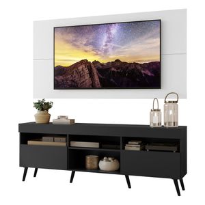 Rack com Painel TV 65" Londres Multimóveis Pés Retrô e 2 portas Preto/Branco/Preto