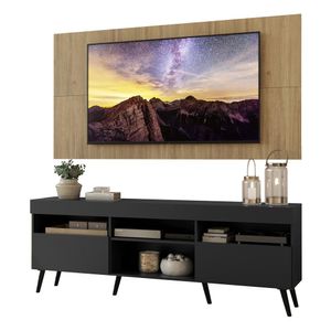 Rack com Painel TV 65" Londres Multimóveis Pés Retrô e 2 portas Preto/Rustic/Preto