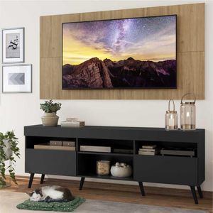 Rack com Painel TV 65" Londres Multimóveis Pés Retrô e 2 portas Preto/Rustic/Preto