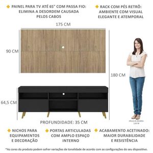 Rack com Painel TV 65" Londres Multimóveis Pés Retrô e 2 portas Preto/Rustic/Natural