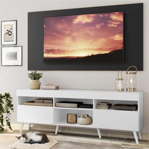 Rack com Painel TV 65" Londres Multimóveis Pés Retrô e 2 portas Branco/Preto/Branco