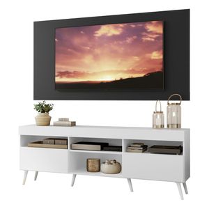 Rack com Painel TV 65" Londres Multimóveis Pés Retrô e 2 portas Branco/Preto/Branco