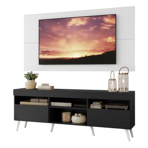 Rack com Painel TV 65" Londres Multimóveis Pés Retrô e 2 portas Preto/Branco/Branco