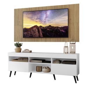 Rack com Painel TV 65" Londres Multimóveis Pés Retrô e 2 portas Branco/Rustic/Preto