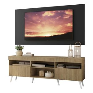 Rack com Painel TV 65" Londres Multimóveis Pés Retrô e 2 portas Rustic/Preto/Branco