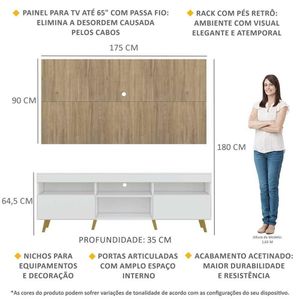 Rack com Painel TV 65" Londres Multimóveis Pés Retrô e 2 portas Branco/Rustic/Natural