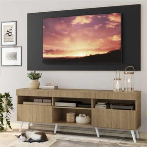 Rack com Painel TV 65" Londres Multimóveis Pés Retrô e 2 portas Rustic/Preto/Branco