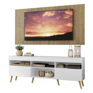 Rack com Painel TV 65" Londres Multimóveis Pés Retrô e 2 portas Branco/Rustic/Natural