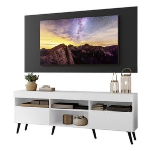 Rack com Painel TV 65" Londres Multimóveis Pés Retrô e 2 portas Branco/Preto/Preto