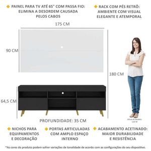 Rack com Painel TV 65" Londres Multimóveis Pés Retrô e 2 portas Preto/Branco/Natural