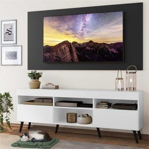 Rack com Painel TV 65" Londres Multimóveis Pés Retrô e 2 portas Branco/Preto/Preto