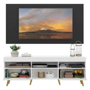 Rack com Painel TV 65" Londres Multimóveis Pés Retrô e 2 portas Branco/Preto/Natural