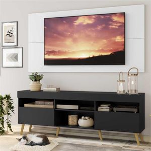 Rack com Painel TV 65" Londres Multimóveis Pés Retrô e 2 portas Preto/Branco/Natural