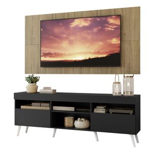 Rack com Painel e Suporte TV 65" Londres Multimóveis Pés Retrô e 2 portas Preto/Rustic/Branco