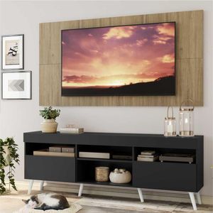 Rack com Painel e Suporte TV 65" Londres Multimóveis Pés Retrô e 2 portas Preto/Rustic/Branco