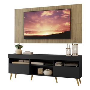 Rack com Painel e Suporte TV 65" Londres Multimóveis Pés Retrô e 2 portas Preto/Rustic/Natural