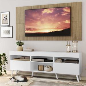 Rack com Painel e Suporte TV 65" Londres Multimóveis Pés Retrô e 2 portas Branco/Rustic/Branco