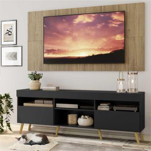 Rack com Painel e Suporte TV 65" Londres Multimóveis Pés Retrô e 2 portas Preto/Rustic/Natural