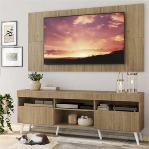 Rack com Painel e Suporte TV 65" Londres Multimóveis Pés Retrô e 2 portas Rustic/Branco